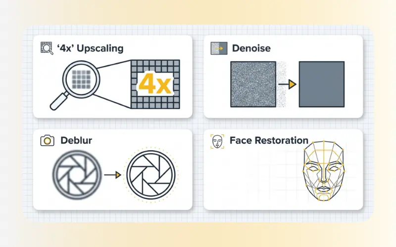 Four core enhancement technologies of the AI image enhancer toolkit.