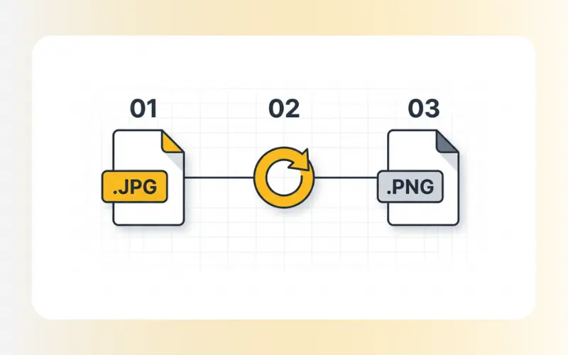 Three-step workflow to convert JPEG to PNG on online utility.