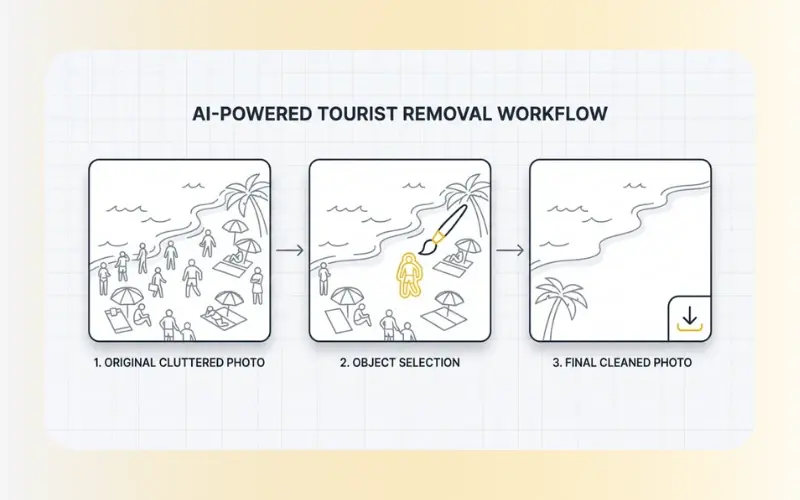 Three-step workflow process on smart people remover ai tool.
