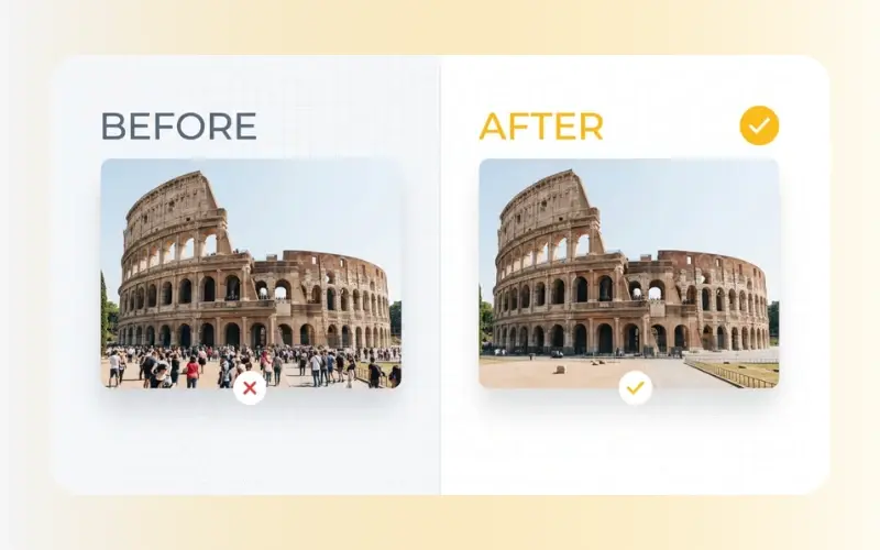 Before and after comparison using remove person from photo ai.