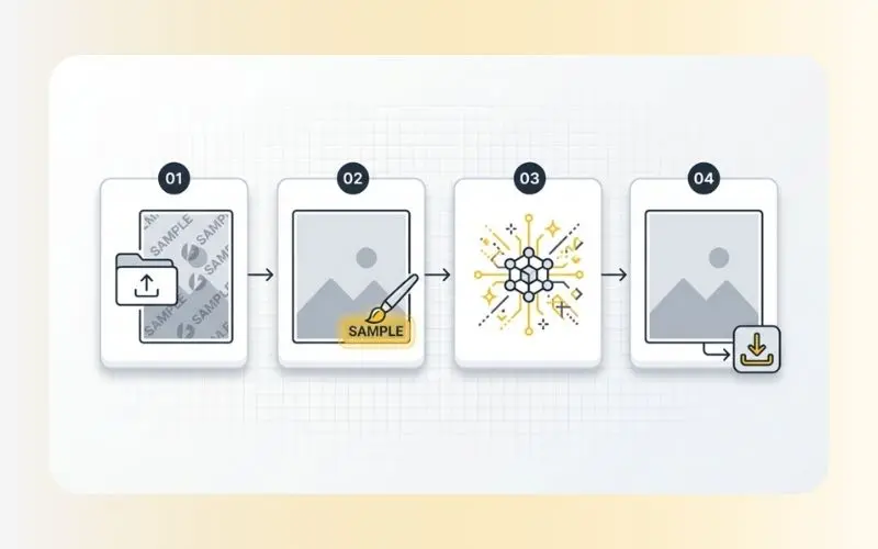 Four-step visual workflow to remove watermark from photo assets.